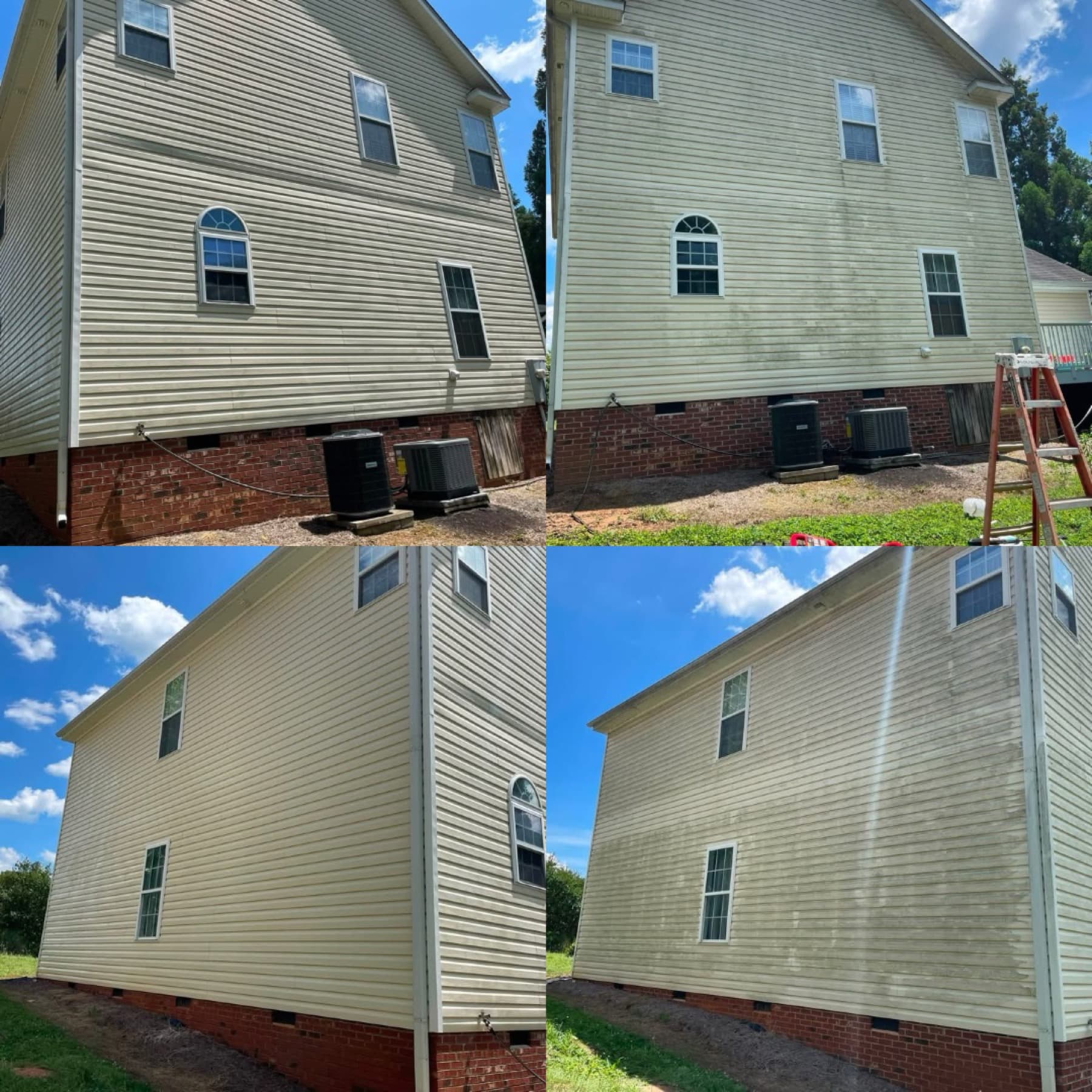 Four views of a two-story vinyl home during and after a full soft wash