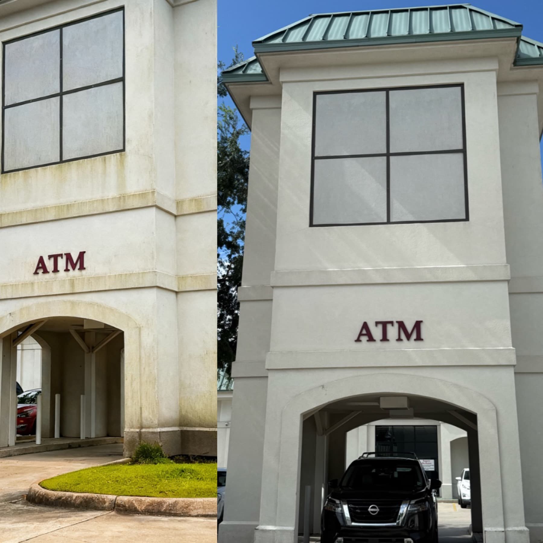Commercial ATM canopy before and after cleaning