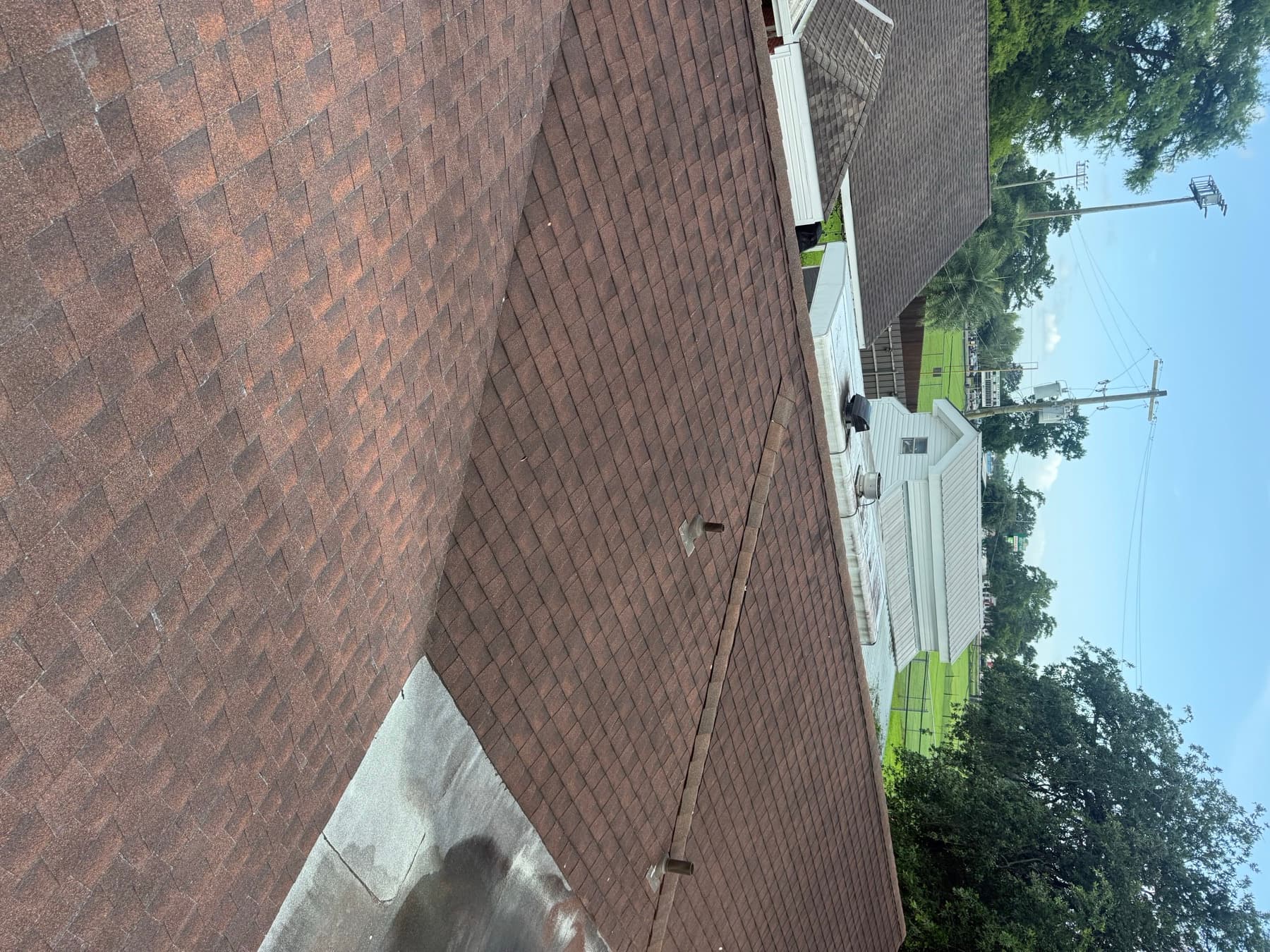 Cleaned roof ridge and shingles after a no pressure wash